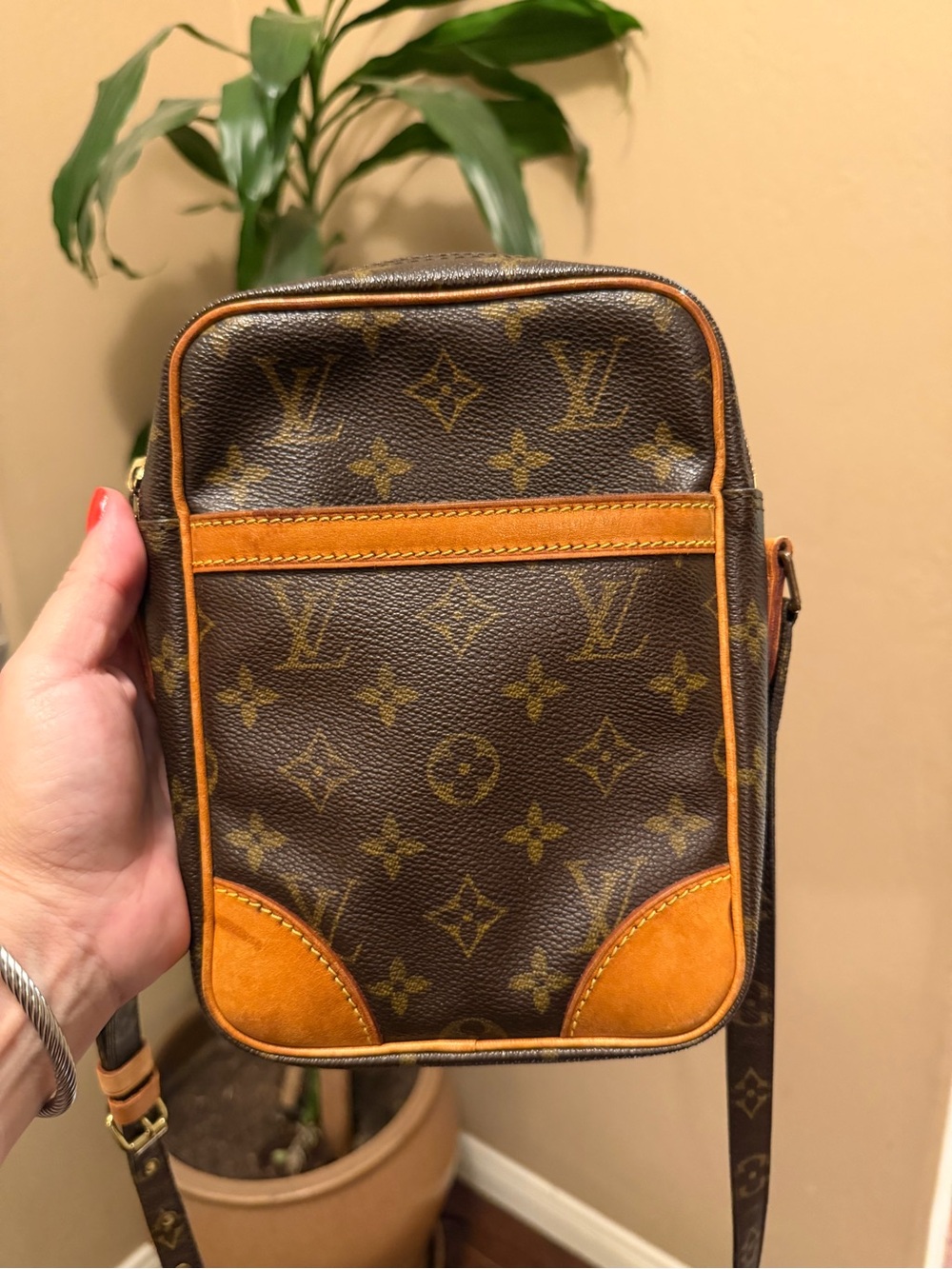 Authentic Louis Vuitton Mini Danube Brown Monogram Crossbody Bag - Tan Trim